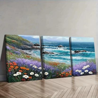 Triptych painting of a coastal scene with flowers on a wooden floor.