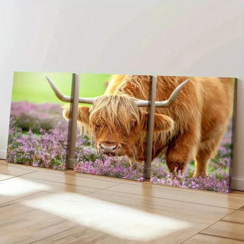 3pcs Highland Cattle & Purple Wild Flowers Wall Art Set Canvas Framed 40x60cm - High Quality Print 100% Australian Made Wall Canvas Ready to Hang