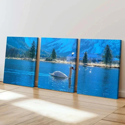 3pcs Blue Colored Lake and White Swan Wall Art Set Canvas Framed 40x60cm - High Quality Print 100% Australian Made Wall Canvas Ready to Hang