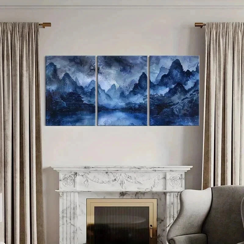 3pcs Bluish Chinese Traditional Landscape Wall Art Set Canvas Framed 40x60cm - High Quality Print 100% Australian Made Wall Canvas Ready to Hang