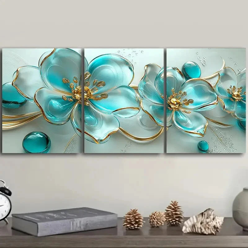 3pcs Turquoise Glass Flowers Colourful Metal Print Ready to Hang Art