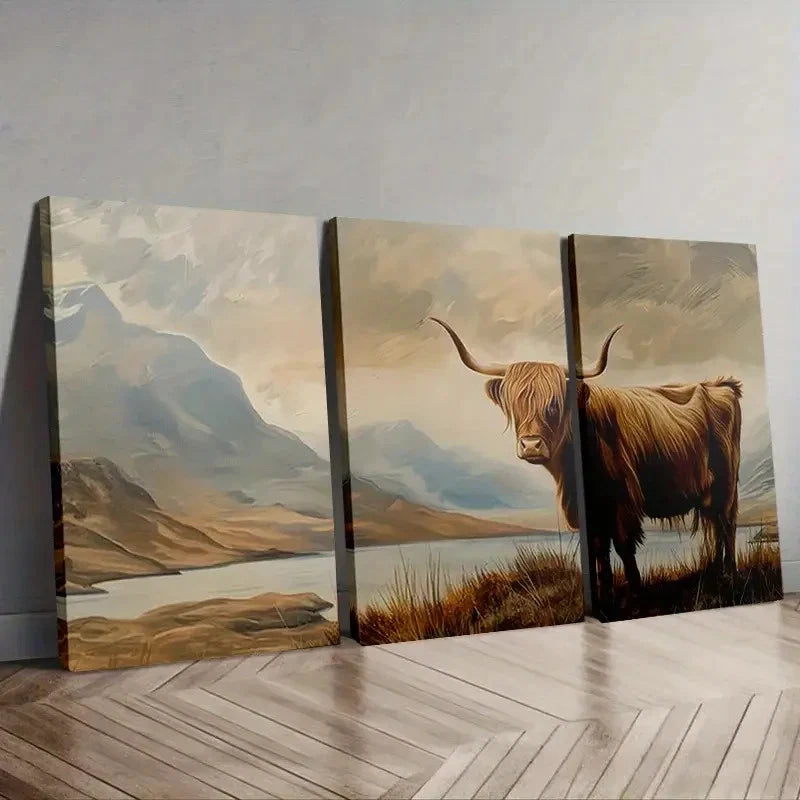 3pcs Scenic Landscape with Highland Cow Wall Art Set Canvas Framed 50x70cm - High Quality Print 100% Australian Made Wall Canvas Ready to Hang