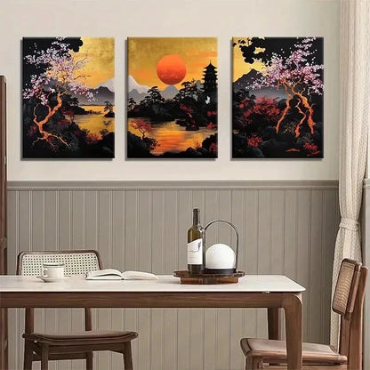 3pcs Japanese Sunset Landscape Golden Perfect Wall Art Set Canvas Framed 50x70cm - High Quality Print 100% Australian Made Wall Canvas Ready to Hang