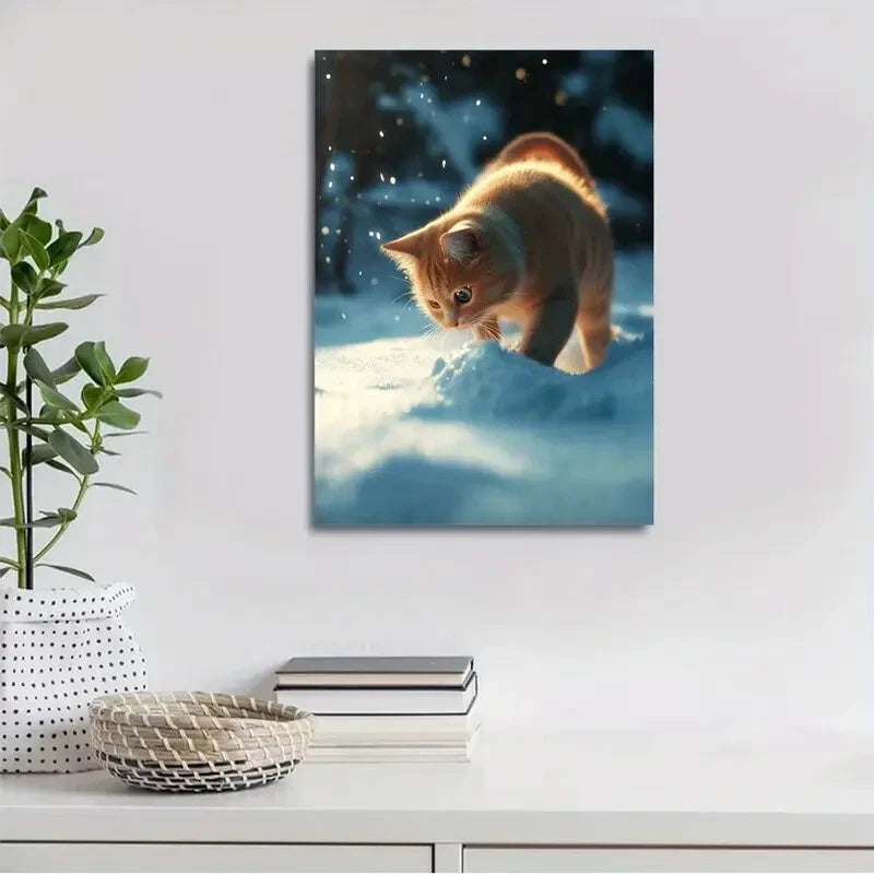 Beautiful Magical Cat On The Snow Painting 40x60cm Metal Print Ready to Hang