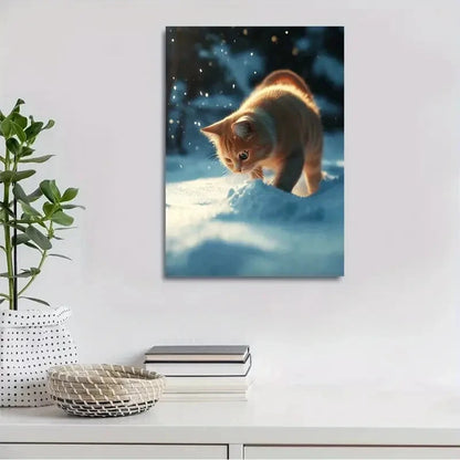 Beautiful Magical Cat On The Snow Painting 40x60cm Metal Print Ready to Hang