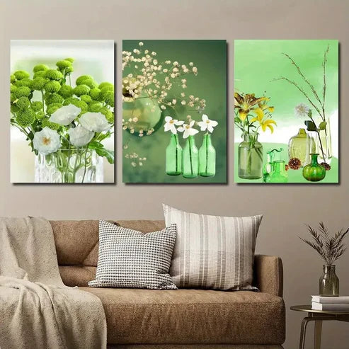 3pcs Emerald Green Bottle Plant Flower Wall Art Set Canvas Unframed - High Quality Print 100% Australian Made Wall Canvas