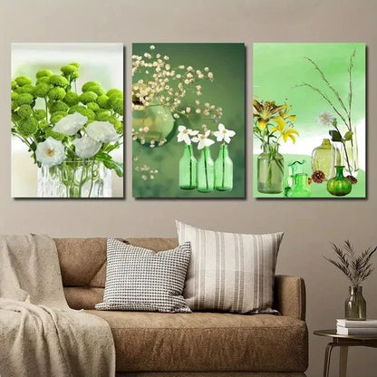 3pcs Emerald Green Bottle Plant Flower Wall Art Set Canvas Unframed - High Quality Print 100% Australian Made Wall Canvas