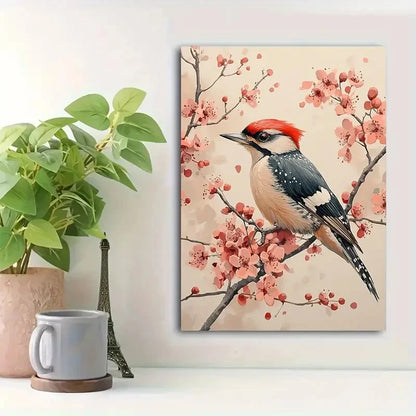 Beautiful Woodpecker & Blooming Floral Painting 40x60cm Metal Print Ready to Hang