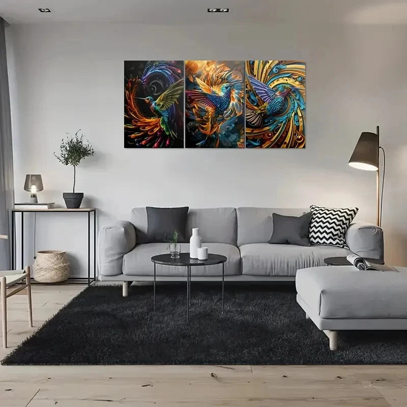 3pcs Colorful Hummingbird Abstract Metal Print Ready to Hang Art