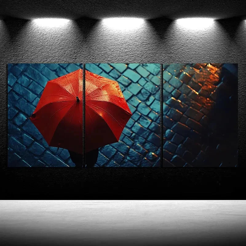 3pcs People with Red Umbrellas on Rainy Streets Metal Print Ready to Hang Art