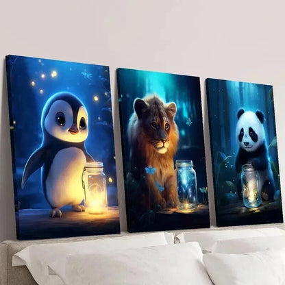 3pcs Enchanted Luminous Forest Creatures Wall Art Set Canvas Framed 50x70cm - High Quality Print 100% Australian Made Wall Canvas Ready to Hang