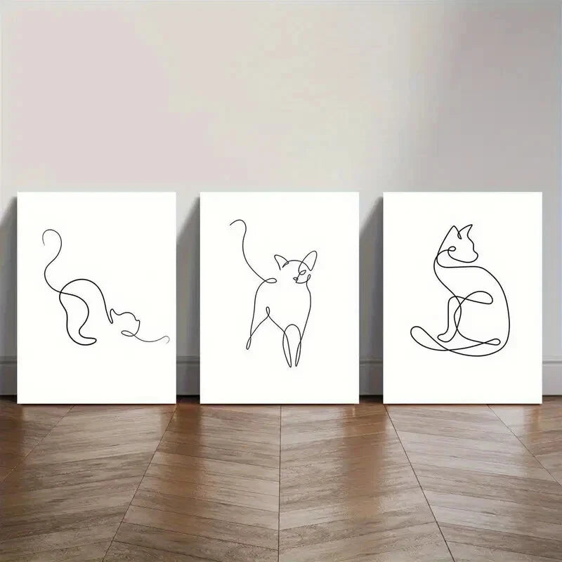 3pcs Abstract Line Cat Minimalist B&W Perfect Wall Art Set Canvas Framed 40x60cm - High Quality Print 100% Australian Made Wall Canvas Ready to Hang
