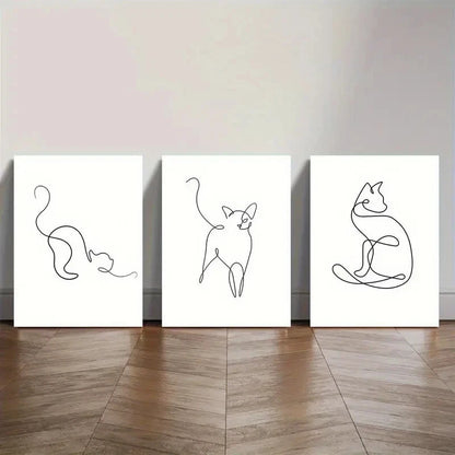 3pcs Abstract Line Cat Minimalist B&W Perfect Wall Art Set Canvas Framed 40x60cm - High Quality Print 100% Australian Made Wall Canvas Ready to Hang