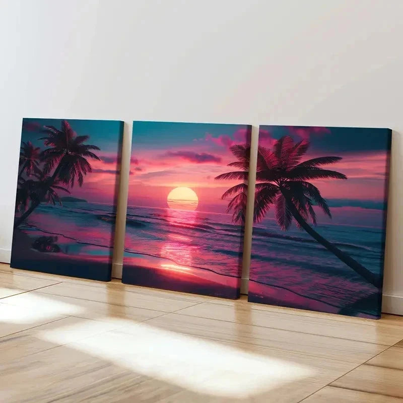 3pcs Sunset Seaside Beach Sea Vintage Wall Art Set Canvas Framed 40x60cm - High Quality Print 100% Australian Made Wall Canvas Ready to Hang