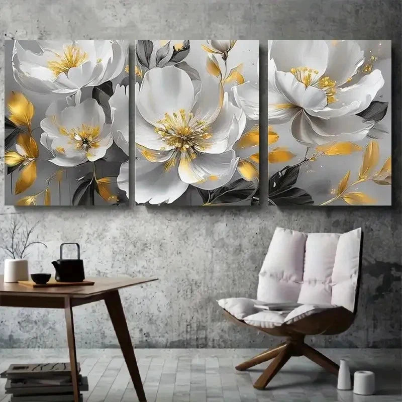 3pcs Elegant White and Golden Floral Metal Print Ready to Hang Art