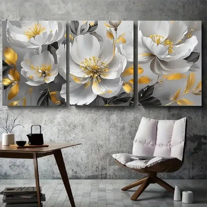 3pcs Elegant White and Golden Floral Metal Print Ready to Hang Art