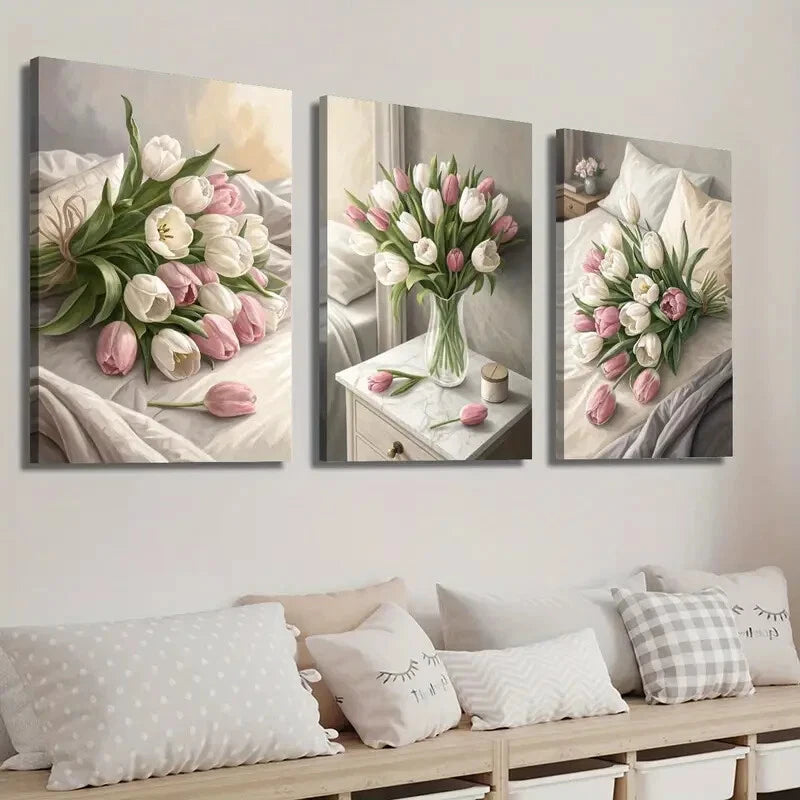 3pcs Tulip Flower Bouquet Botanical Flower Wall Art Set Canvas Framed 40x60cm - High Quality Print 100% Australian Made Wall Canvas Ready to Hang