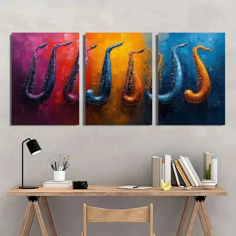 3pcs Vibrant Saxophone In Purple Orange & Blue Wall Art Set Canvas Framed 40x60cm - High Quality Print 100% Australian Made Wall Canvas Ready to Hang