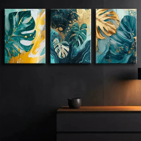 3pcs Colorful Teal and Golden Leaf Perfect Wall Art Set Canvas Unframed - High Quality Print 100% Australian Made Wall Canvas