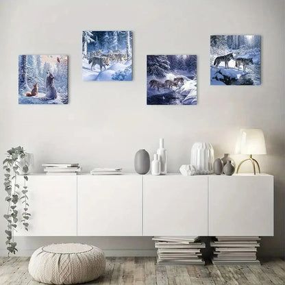 4pcs Snowy Forest Landscapes With Howling Wolves Wall Art Canvas Framed