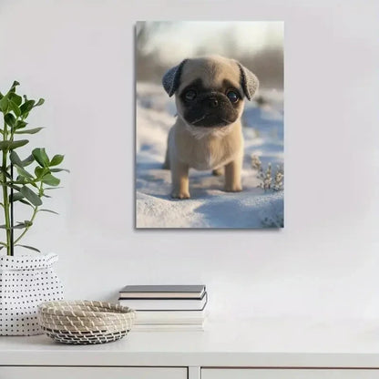 Beautiful Cute Pug Puppy In Snow Painting 40x60cm Metal Print Ready to Hang