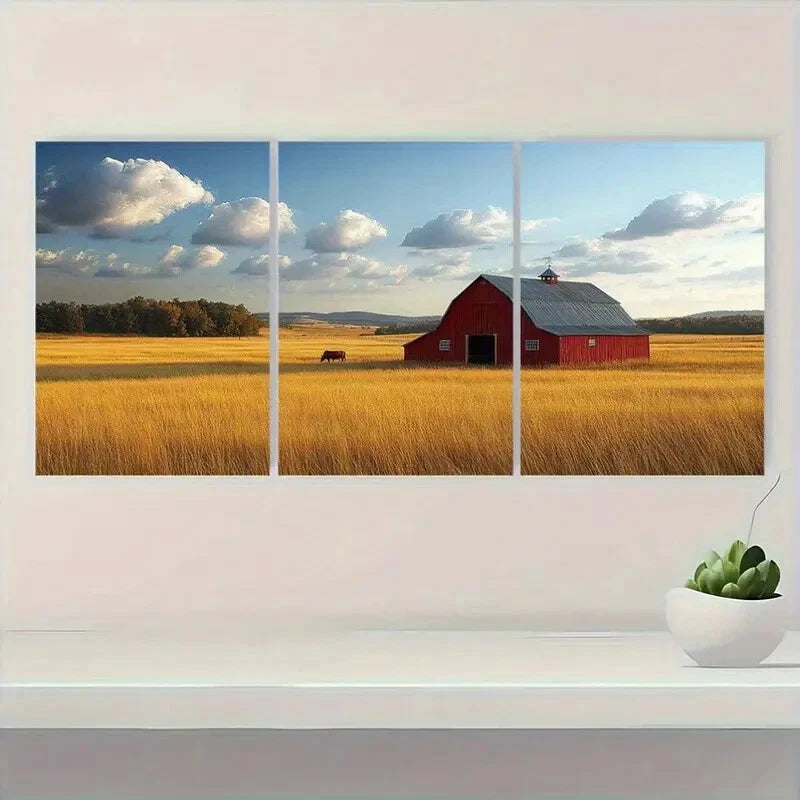 3pcs Red Barn Windmill & Cow Design Metal Print Ready to Hang Art