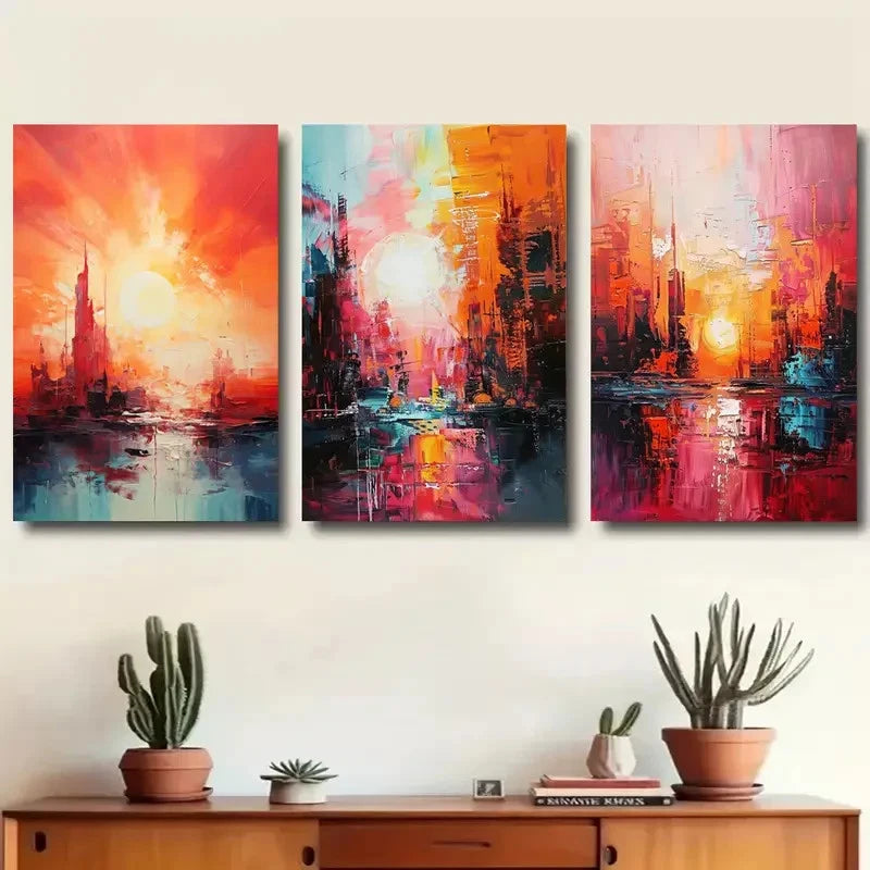 3pcs Abstract Colorful Sunset Cityscape Metal Print Ready to Hang Art