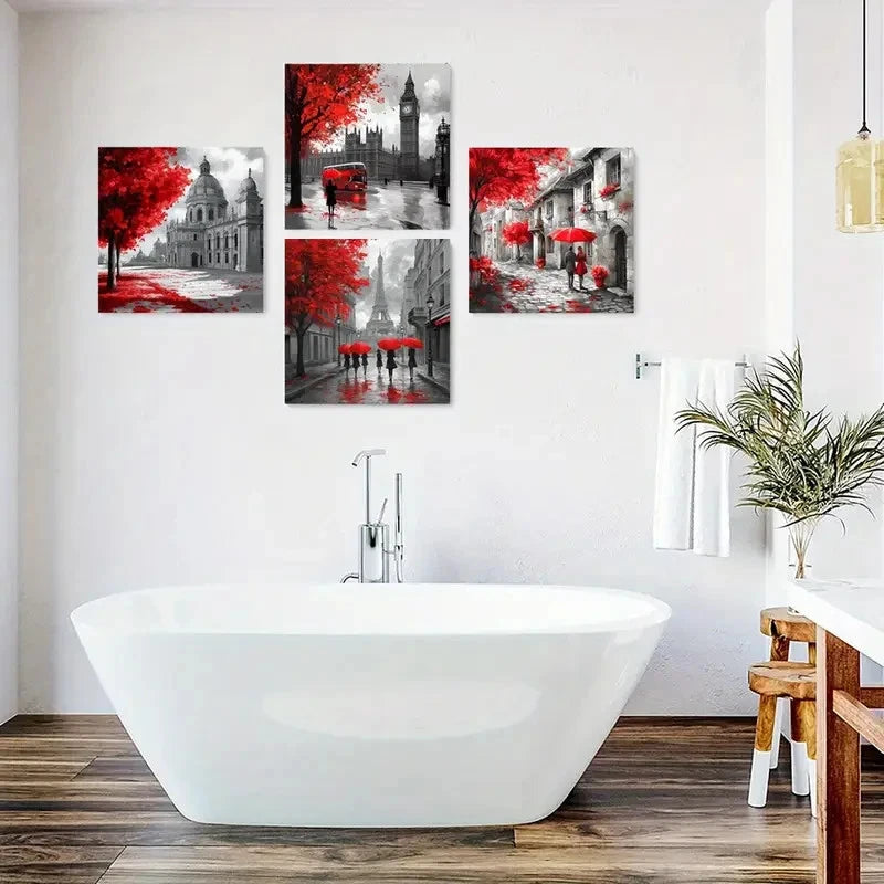 4pcs Red Leaf Square Wall Art Canvas Framed