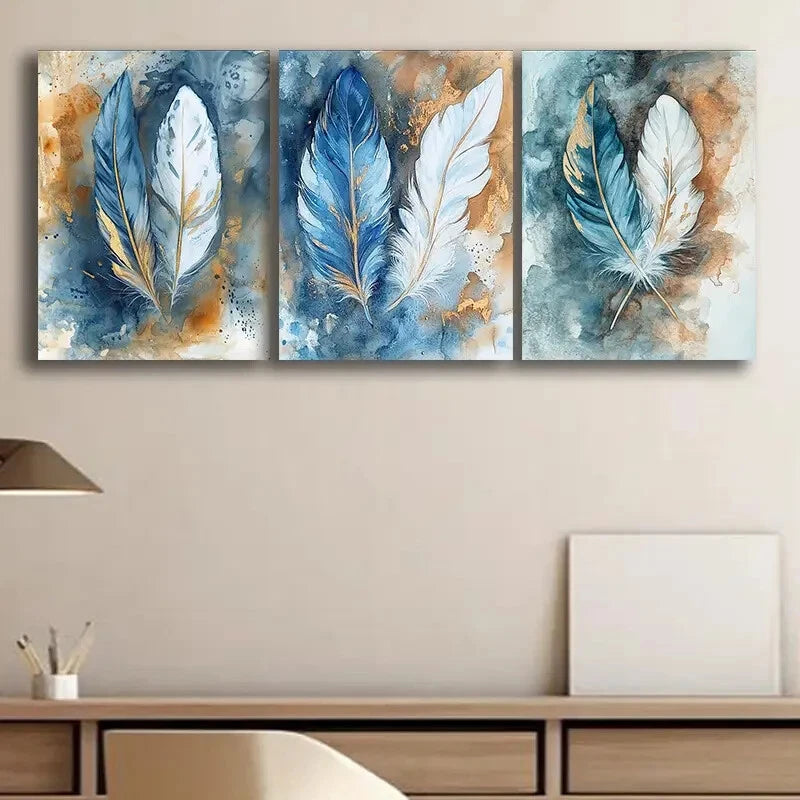 3pcs Blue Feather Watercolor Wings Metal Print Ready to Hang Art