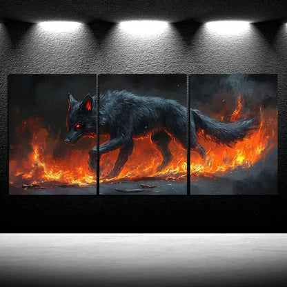 3pcs Wolf Fire Stunning Golden Eyes Metal Print Ready to Hang Art