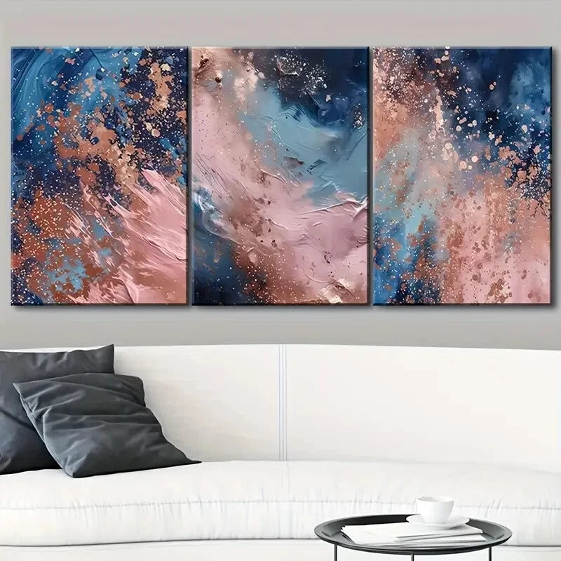 3pcs Navy Pink & Blue Abstract Metal Print Ready to Hang Art