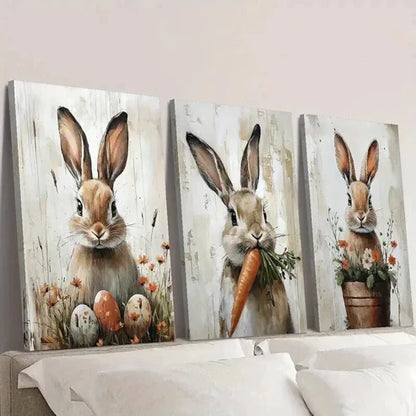 3pcs Rabbits with Eggs & Carrots Wall Art Canvas Unframed - High Quality Print 100% Australian Made Wall Canvas