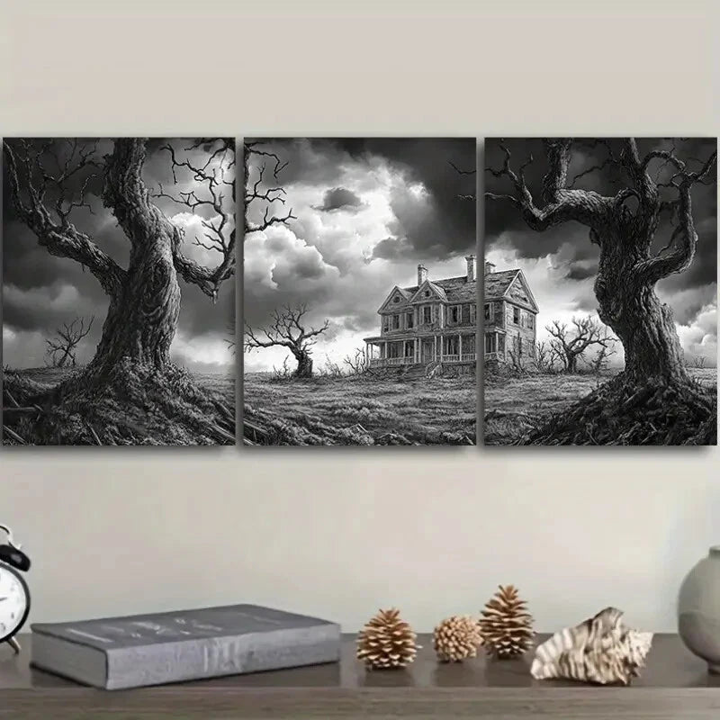 3pcs Haunted House & Dead Tree Metal Print Ready to Hang Art