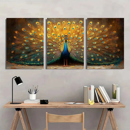 3pcs Vintage Peacock Golden & Blue Wall Art Set Canvas Framed 50x70cm - High Quality Print 100% Australian Made Wall Canvas Ready to Hang