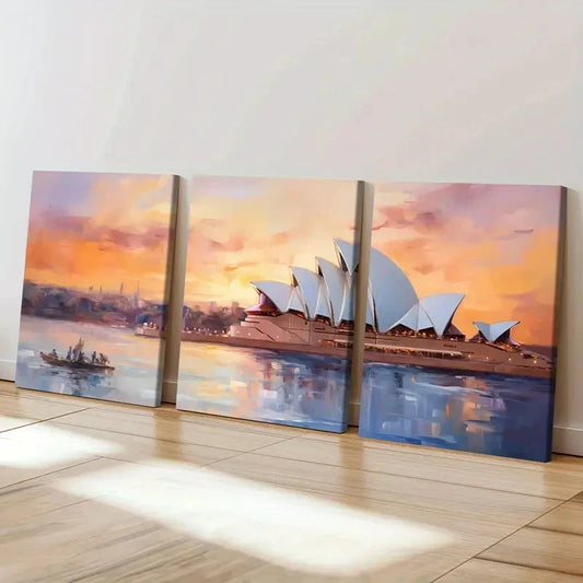 3pcs Sydney Opera House Sunset Glow Art Paint Wall Art Set Canvas Framed 60x90cm - High Quality Print 100% Australian Made Wall Canvas Ready to Hang