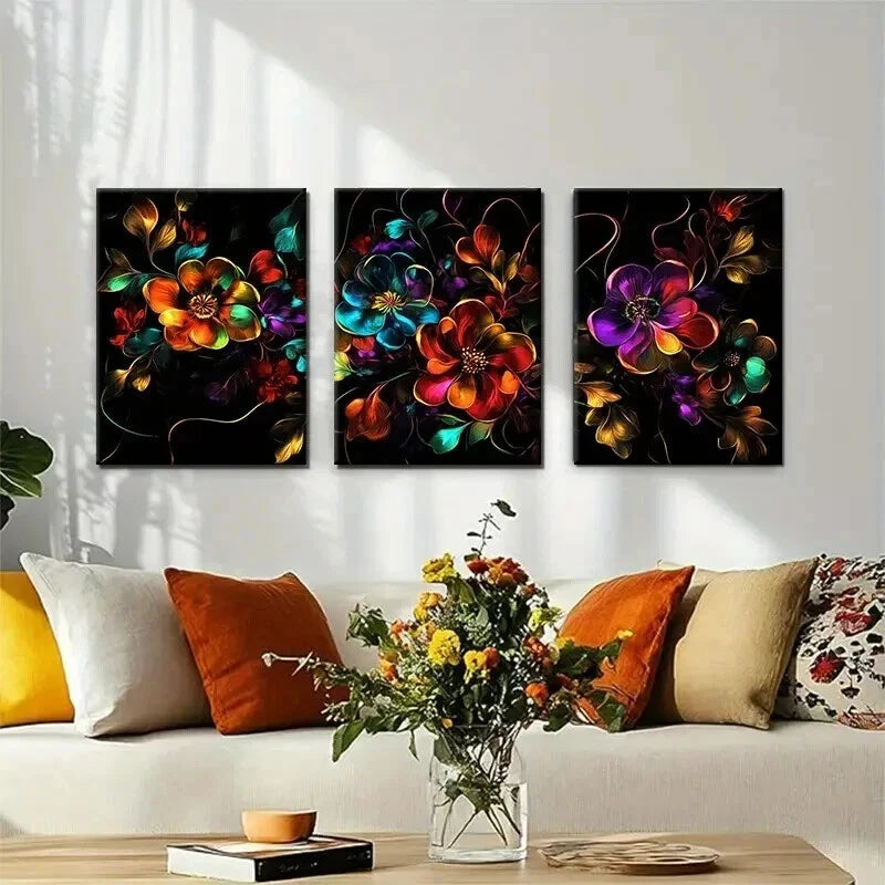 3pcs Colorful Blooming Flowers on Black  Perfect Wall Art Set Canvas Framed 40x60cm - High Quality Print 100% Australian Made Wall Canvas Ready to Hang