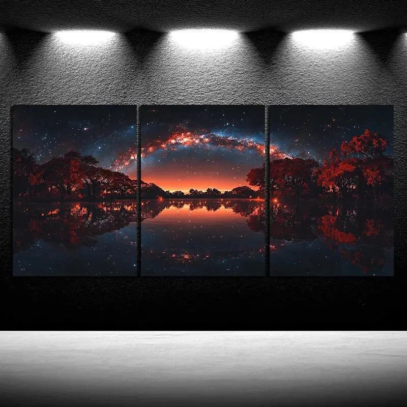 3pcs Forest Lake Reflections Golden Metal Print Ready to Hang Art