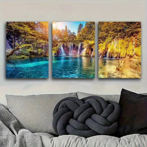 3pcs Sunlit Forest Waterfall Wall Art Set Canvas Unframed - High Quality Print 100% Australian Made Wall Canvas