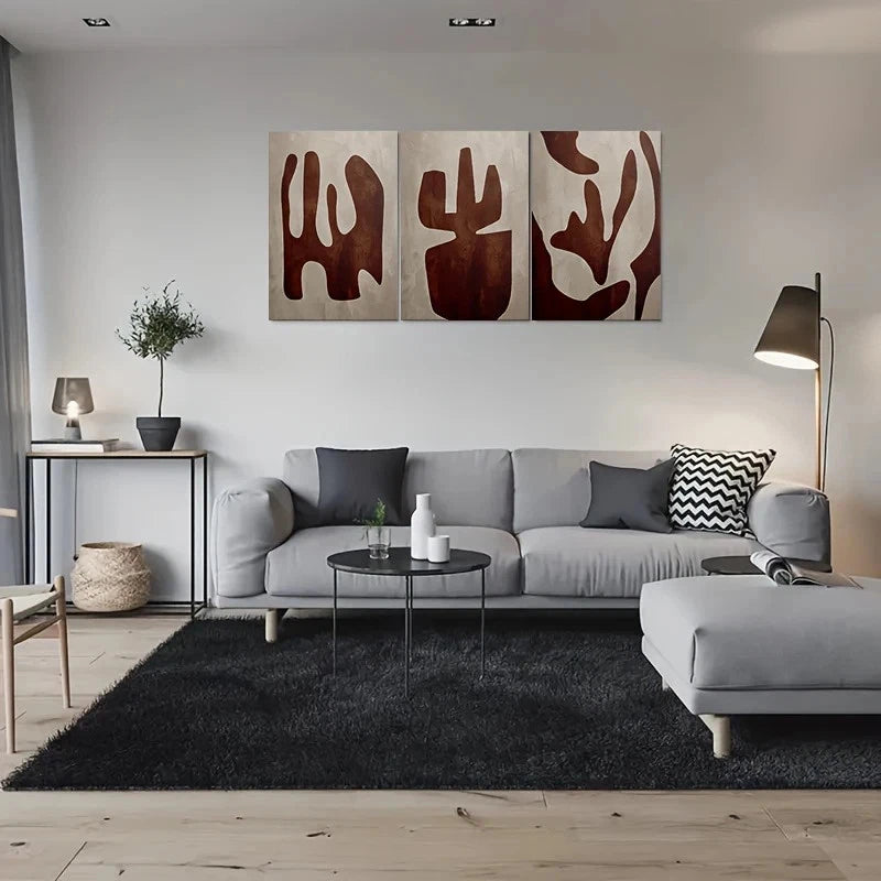 3pcs Abstract Brown and Beige Metal Print Ready to Hang Art