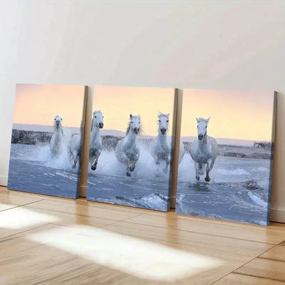 3pcs White Horses Running on the Beach Wall Art Set Canvas Framed 40x60cm - High Quality Print 100% Australian Made Wall Canvas Ready to Hang
