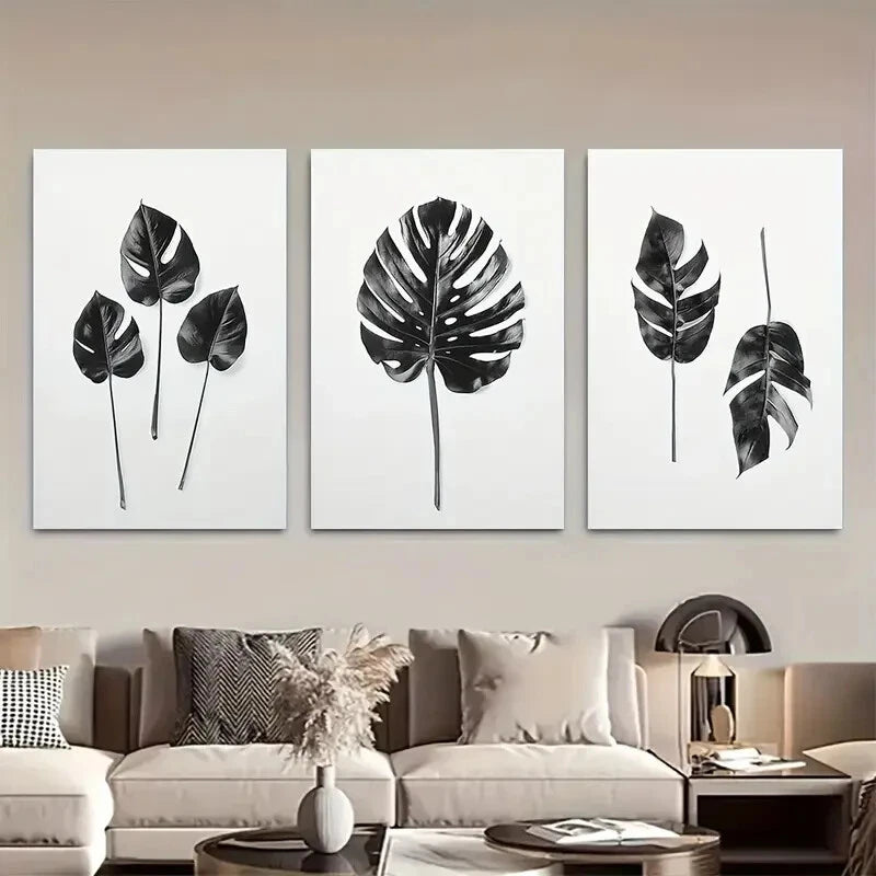 3pcs Tropical Palm Leaf Black & White Monstera Metal Print Ready to Hang Art