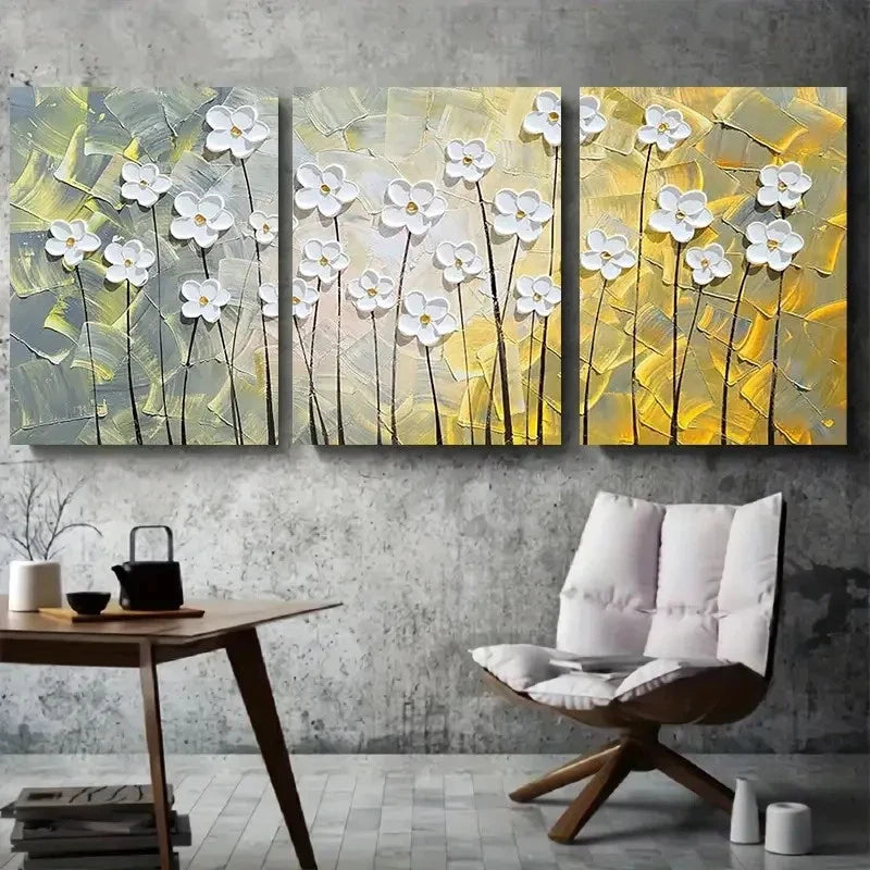 3pcs White Flowers on Yellow & Green Metal Print Ready to Hang Art