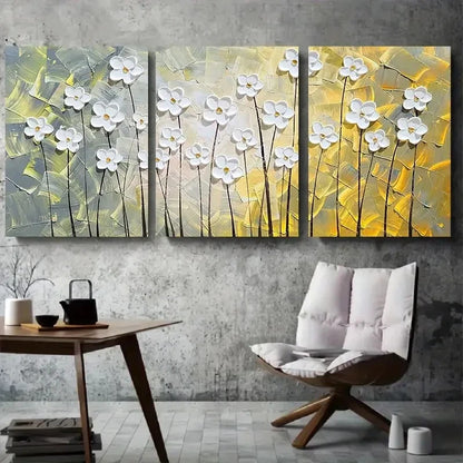 3pcs White Flowers on Yellow & Green Metal Print Ready to Hang Art