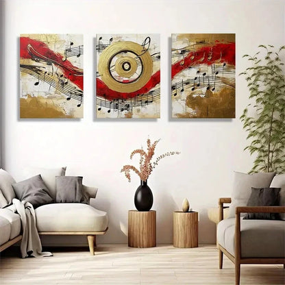 3pcs Modern Abstract Music Red & Golden Swirl Metal Print Ready to Hang Art