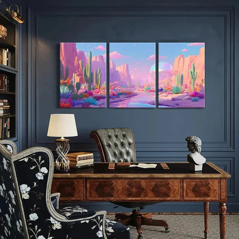 3pcs Vibrant Cactus & Rock Formation Art Metal Print Ready to Hang Art