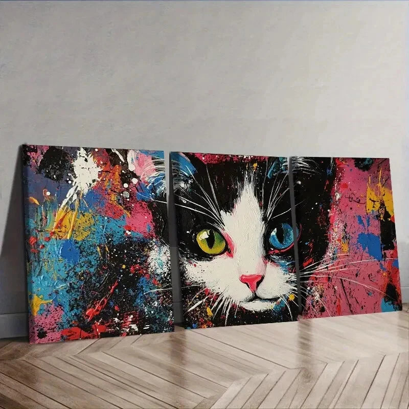 3pcs Black And White Tuxedo Cat Wall Art Set Canvas Framed 40x60cm - High Quality Print 100% Australian Made Wall Canvas Ready to Hang