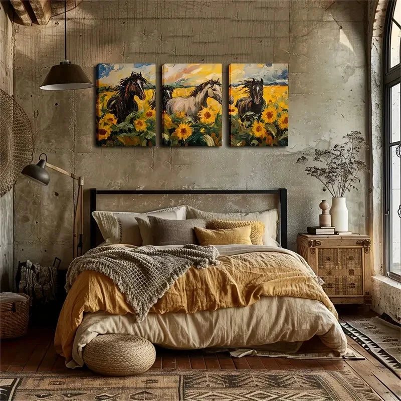3pcs Horse and Sunflower Field Scene Perfect Wall Art Set Canvas Framed 40x60cm - High Quality Print 100% Australian Made Wall Canvas Ready to Hang