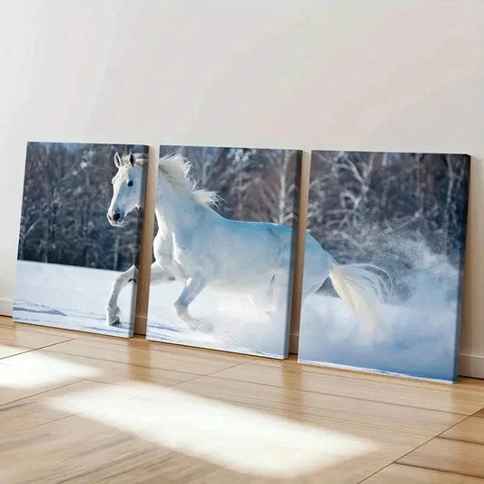 3pcs Elegant White Horse in Snowy Landscape Wall Art Set Canvas Framed 40x60cm - High Quality Print 100% Australian Made Wall Canvas Ready to Hang