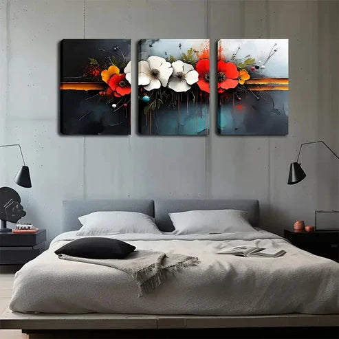 3pcs Modern Abstract Red White Flowers Perfect Wall Art Canvas Unframed - High Quality Print 100% Australian Made Wall Canvas