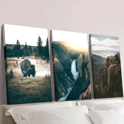 3pcs Bison Yosemite Grand Canyon & Waterfalls Wall Art Set Canvas Framed 40x60cm - High Quality Print 100% Australian Made Wall Canvas Ready to Hang